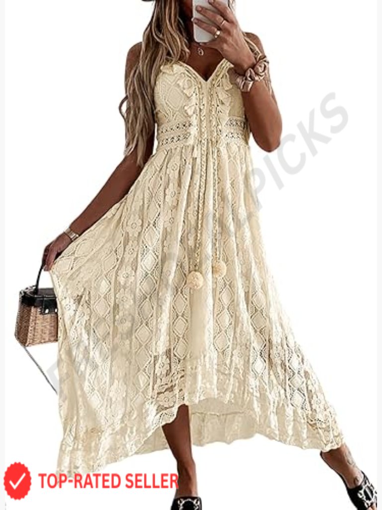 Womens Summer Lace Sundress Adjustable Spaghetti Strap Boho Tassel Asymmetrical